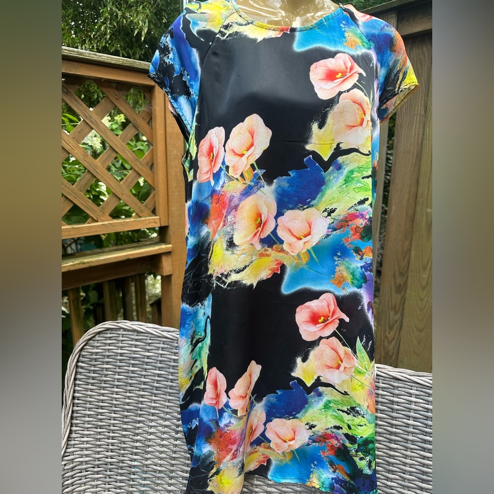 Black dress with gorgeous colored flowers, worn once